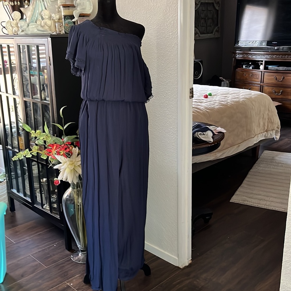 Blue gauze off the shoulder jumpsuit super cute lace trim around the sleeves….